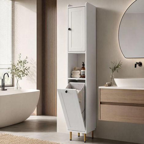 Meuble Colonne Salle de Bain avec Panier à Linge Amovible,Armoire de Salle de Bain,avec Sécurité Anti-basculement,30x30x181 cm (1/5)