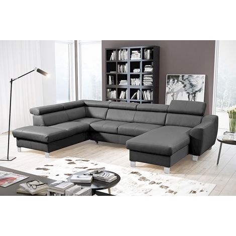 Canapé d'angle convertible en cuir italien de luxe 7/8 places ASTON, gris foncé, angle gauche (1/5)