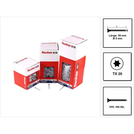 Fischer 500x Power-Fast II FPF II CTF 5 x 50 mm BC Senkkopf mit Innenstern TX20 Vollgewinde galvanisch verzinkt blau passiviert - 670359