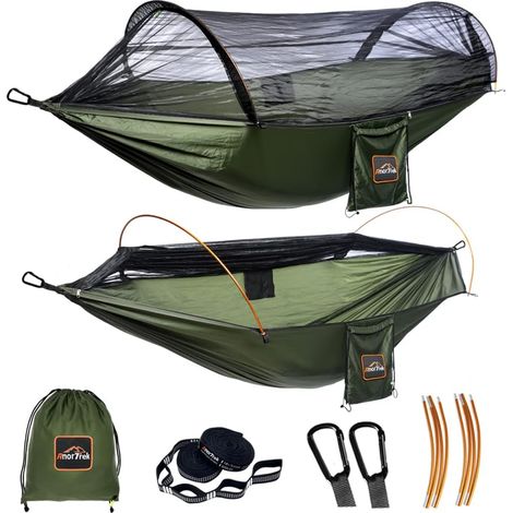Camping Professionnel avec Moustiquaire, Double Hamac Portable Léger avec Deux Sangles d'arbre de 3m, Hamac en Nylon 230T pour Camping, Randonnée, Jardin, Randonnée pédestre Vert