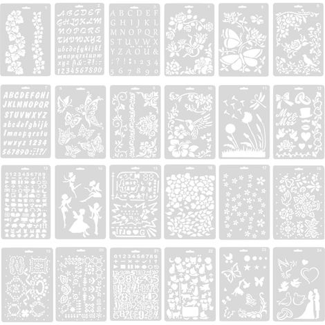 24 Pièces Modèles de peinture réutilisables,Modèles de dessin de puzzle,DIY Scrapbooking,pochoirs pour peinture sur bois,mur,roche,signalisation,Modèle de chiffres floraux - 24 (1/5)