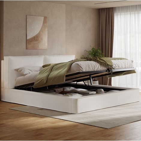 Doppelbett 180x200 cm beige aus Bouclé mit hydraulischem Stauraum und gepolstertem Kopfteil (1/5)