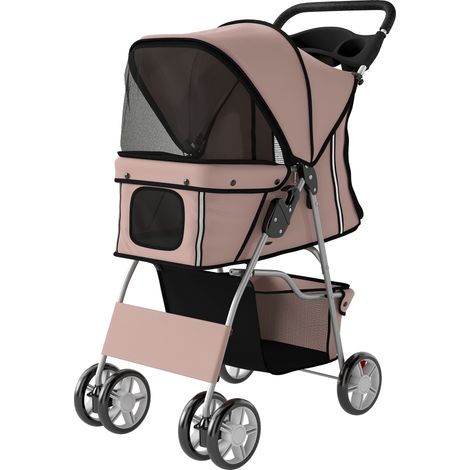Poussette pliable pour chien avec réflecteurs, roues pivotantes, freins et coussin lavable, couleur café