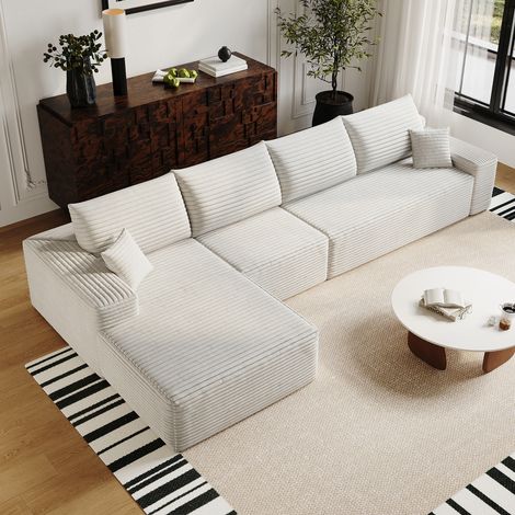 Canapé d'angle en L 340cm,canapé modulaire en velours côtelé, avec chaiselongue,canapé 4 place compression,assise profonde,blanc