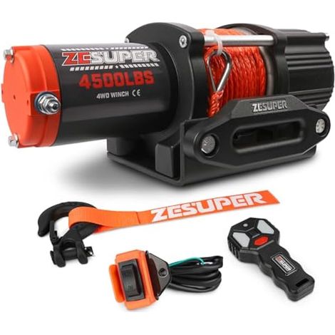 ZESUPER Treuil électrique étanche IP67 de 2 041,2 kg avec télécommande sans fil synthétique Hawse Fairlead portable à distance ATV UTV Treuil électrique 12 V (1/5)