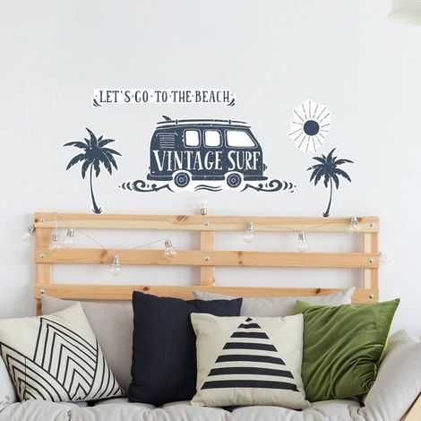 Sticker décoratif, illustration let's go to the beach, déco vintage bleue avec un van, 68 cm X 48 cm (1/3)