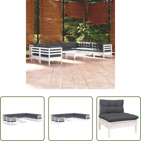 Terrassensofa - 11-tlg. Garten-Lounge-Set mit Kissen Weiß Massivholz Kiefer (1/5)