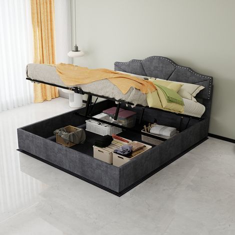 Lit coffre 160x200 cm en tissu et métal gris, rangement intégré pour chambre, avec matelas – MEUBLIV (1/5)