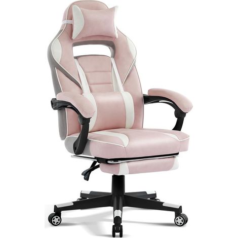 Chaise Gaming Ergonomique à haut Dossier, Fauteuil Gamer en PU, Siège de Bureau, Dossier réglable à 135°, Repose-pieds, Soutien Lombaire, 150Kg, Bureau, Chambre, Maison - rose (1/5)