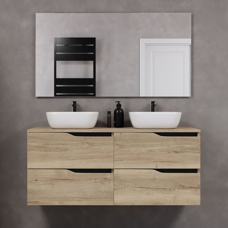 Meuble de salle de bain 120cm avec plateau et deux vasques à poser zeus - 4 tiroirs - madera miel (chêne clair) - LUNA (1/5)