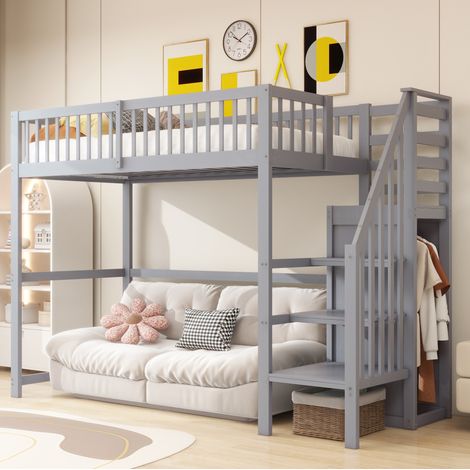 Letto rialzato bambini 90x200 cm con scala, ripiano portaoggetti e armadio semplice, in legno grigio, materasso non incluso (1/5)