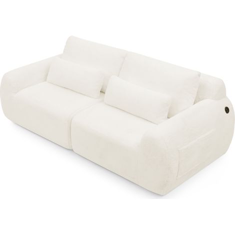 Sofá de 2 plazas de tejido suave tipo conejo con carga USB y bolsillo lateral, beige (1/5)