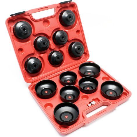 14-piece oil filter cap kit. Oil filter wrenches and adapter included in a toolbox. (1/4)