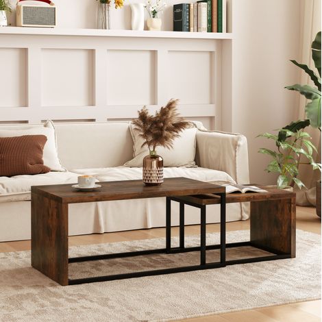 Juego de mesas de centro 90x48x42 cm marrón rústico en madera con estructura metálica y diseño apilable (1/5)