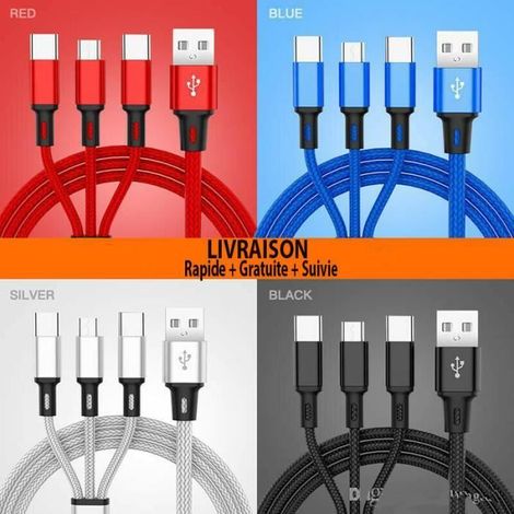 Câble 3 en 1 USB Chargeur pour Samsung iPhone X XS XR 8 7 Type C Micro USB Argent (1/4)