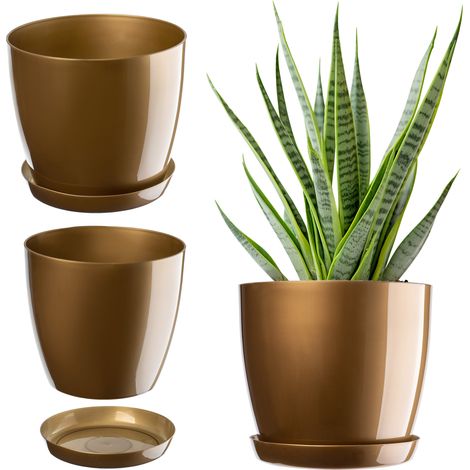 KADAX Blumentopf mit Untersetzer, aus Kunststoff, rund, 16 cm, Gold
