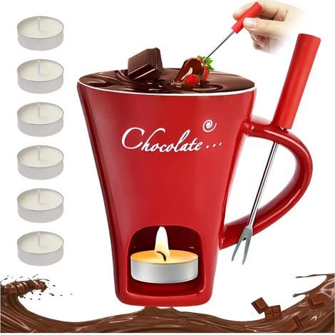200 ML Tasse à Fondue au Chocolat avec 1 Fourchettes et 6 Bougies Mug Fondue au Chocolat Kit Tasse à Fondue au Chocolat Chocolat, Set à Fondue Chauffe-Plat pour Maison, Restaurant et Café (1/5)