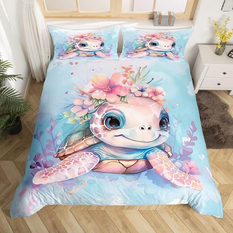Housse de Couette Tortue de Mer 140x200 pour Enfant - Parure de Lit Thème Océanique sous-Marin - Set de Housses Aquarelle pour Fille Garçon - Couvre Lit Marine (1/5)