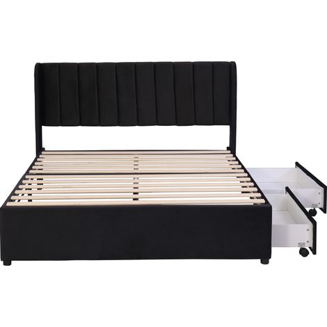 Cama con canapé tapizada en terciopelo negro 140 x 200 cm con somier, cabecero y 2 cajones (1/5)