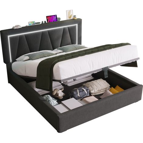 Letto Contenitore Matrimoniale con USB, Type-C e LED, 160 x 200 cm, Testiera Regolabile, senza Materasso, Grigio (1/5)