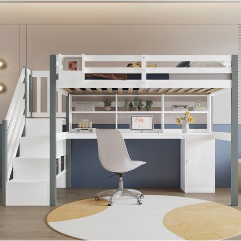 Lit mezzanine 90x200cm avec bureau, bibliothèque ouverte, escalier de rangement, cadre en pin et MDF, gris,150kg de capacité (1/5)