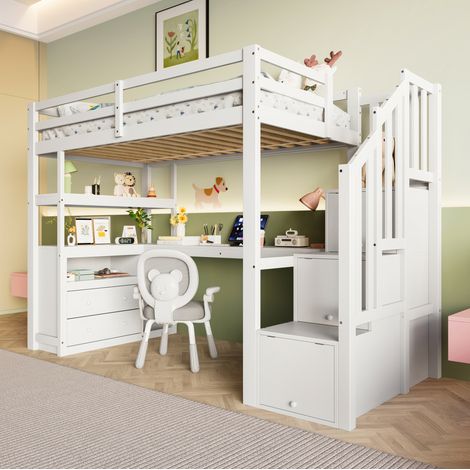 lit adulte mezzanine bureau rangement 90x200 blanc OKMYHOME (1/5)