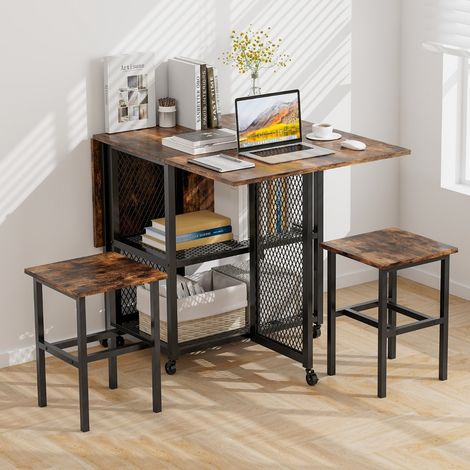 Ensemble de Table à Manger Pliante 3 Pièces avec 2 Tabourets avec Roulettes Verrouillables 2 Étagères de Rangement en Treillis pour Bureau Maison Chic (1/4)