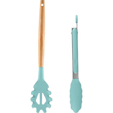 Ensemble de 2 ustensiles de cuisine en silicone avec manche en bois, résistants à la chaleur et antiadhésifs. (1/5)