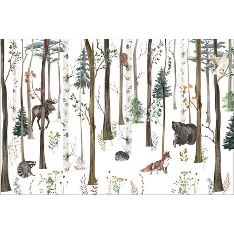 Carta da parati fotografica per bambini con fitta foresta e animali: orsacchiotto, volpe, procione, gufo DWK094 200x135 (1/5)