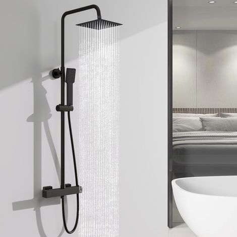 OCEAN Colonne de douche thermostatique, noir mat, avec douche carrée, réglable en hauteur, ensemble de douche en acier inoxydable, convient à toutes les salles de bains (1/5)