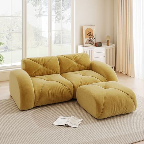 Divano modulare 2 posti con pouf, schiuma 32D, tessuto chenille giallo DESVIAE (1/5)