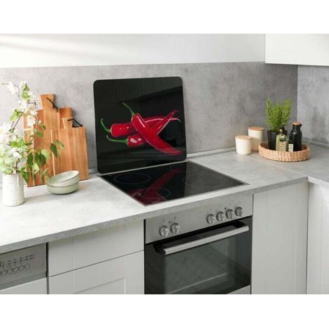 pair Protection plaques cuisson fond de hotte \"hot peppéroni\" , couvre plaque, planche découper, extension plan travail , protection, 4 pieds, 50x56cm, verre trempé multicolore (1/3)