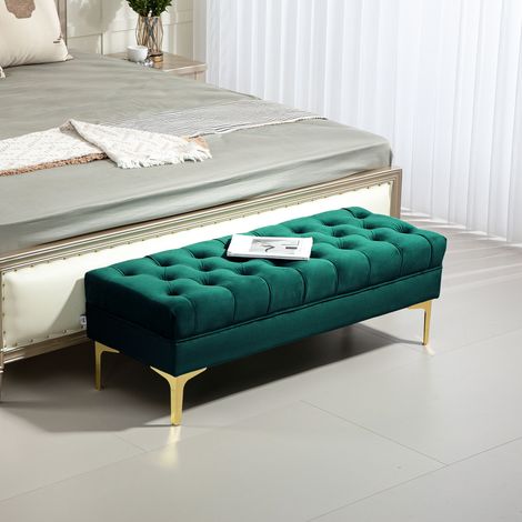 Banc de chevet rembourré avec revêtement en tissu matelassé effet velours. 118 x 45 x 42 cm. Vert foncé. (1/5)