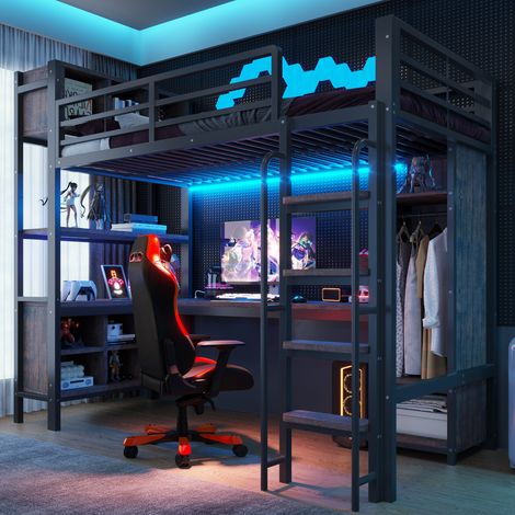 Hochbett 90 x 200 cm mit Schreibtisch, Kleiderschrank, Stauraum, LED, EU-Steckdosen, schwarz (1/5)