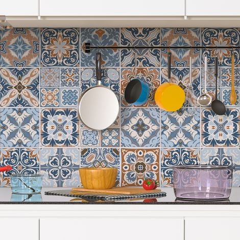 Sticker Mural Carrelage adhésif Cuisine Salle de Bain - 24 STICKERS CARREAUX DE CIMENT AZULEJOS ALBANO - 24stickers15x15cm (1/5)