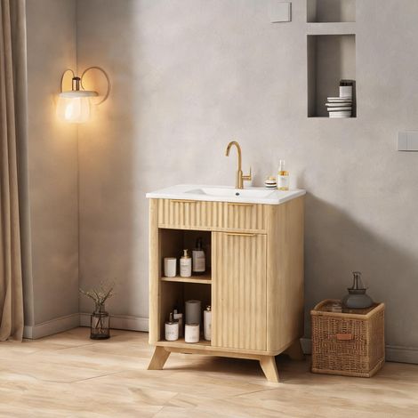 Meuble vasque salle de bain 61 cm bois naturel 3 tiroirs (1/5)