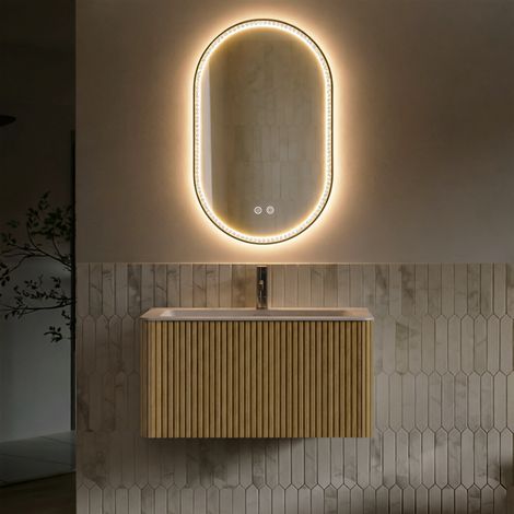 Meuble vasque 80cm avec miroir ovale à strass, pré-monté, meuble rayé avec tiroir, rangement pratique, chêne, salle bain design et chic (1/5)