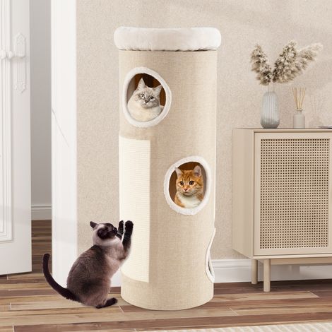 Arbre à Chat à 4 Niveaux Niche Surélevée avec Lit Amovible Tour d’Intérieur pour Chat avec Planche à Griffer en Sisal Blanc (1/3)