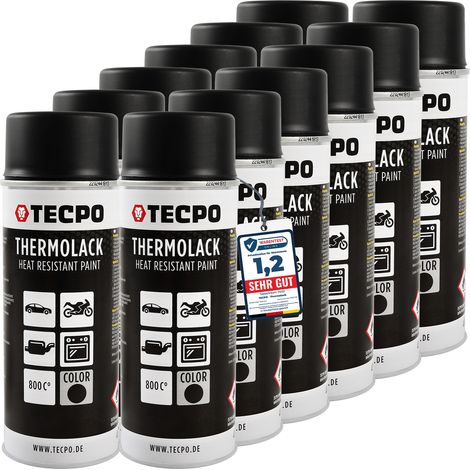 TECPO Thermolack Spray Dose 12x 400ml Auspufflack Autolack Ofenlack Bremssattellack hitzebeständig bis 800°C schnell trocknend Auto Lackspray Schwarz Matt schützt Motor und Auspuff vor Rost (12er-Pack