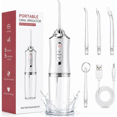 Jet Dentaire Hydropulseur 300ML Hydropulseur Dentaire Sans Fil Portable avec 3 Modes 4 Buses, Water Flosser Étanche IPX7, pour Nettoyage pour Voyage et Orthodontie, Blanc (1/5)