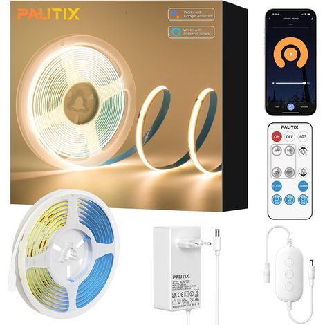 Ruban LED COB Blanc Chaud 2700K 5M, 480LEDs/M Dimmable 24V CRI90 Flexible Bande Lumineuse,Intelligente Fonction avec Alexa, Télécommande RF et Alimentation pour Bricolage Décoration (1/5)