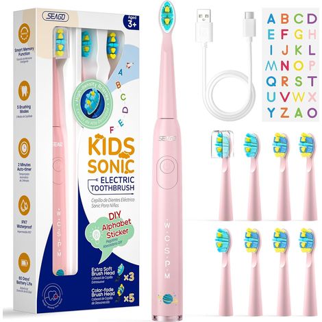 brosse a dent enfant,brosse à dent électrique recharge avec autocollants amusants DIY, brosse a dent electrique, minuterie de 2 minutes, 4 têtes de brosse (Rosa) (1/5)