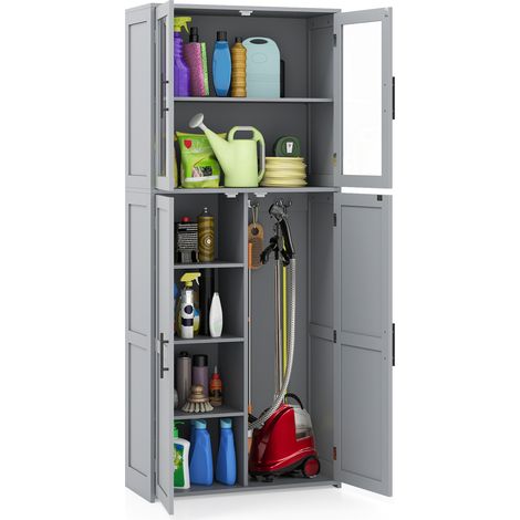 COSTWAY Broom Closet Storage Cabinet Wooden Utility Organizer w/Doors-Grey (1/5)