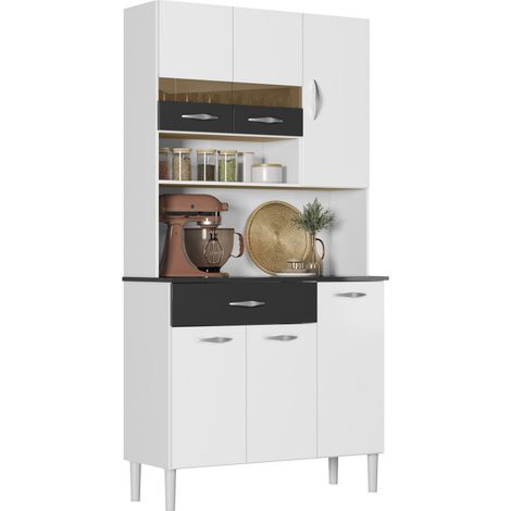 Buffet 6 Portes 1 Tiroir 7 Niches Blanc et Noir Vogue L 90.9 H 176 P 36.3 cm