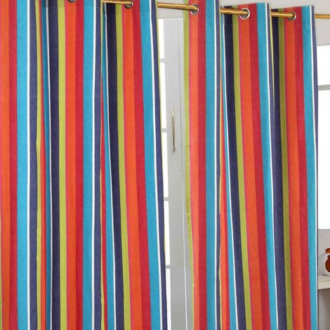 HOMESCAPES Multi Stripes Ready Made Eyelet Curtain Pair, 117 x 137 cm Drop