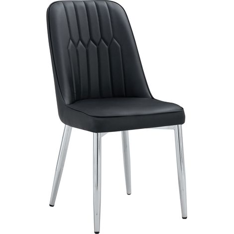 Chaise de salle à manger noire en cuir synthétique avec pieds métalliques argentés, design moderne et épuré (1/5)