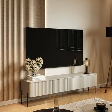 Mueble de TV Brembana, aparador de salón con cuatro puertas batientes, elevado del suelo, 190x40 h50 cm, beige (1/4)