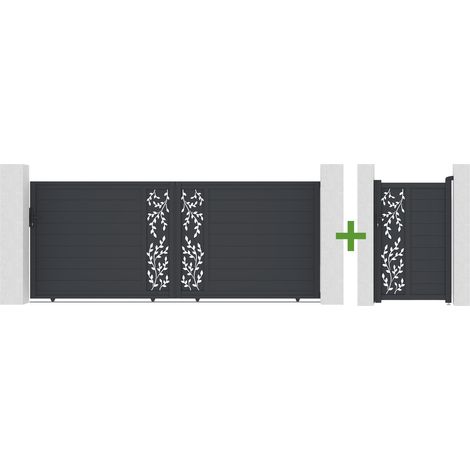 Puerta corredera FOLYA de 4 m, altura 160 cm + Puerta peatonal FOLYA de 1 m, aluminio gris