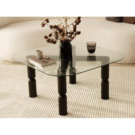 Dmora - Mesa de café Dpervers, Mesa de centro baja, Revistero para sofá, Estante de la sala de estar, 80x80h40 cm, Antracita y Transparente (1/5)