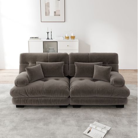 Canapé modular de chenilla marrón con cojines lumbares y decorativos, diseño nube con reposabrazos redondeados (1/5)